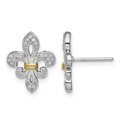 Sterling Silver Rhodium & 14k Yellow Gold Diam. Fleur de Lis Post Earrings