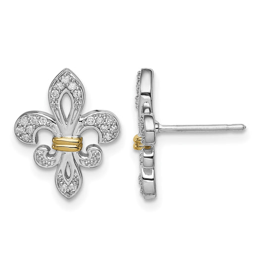 Sterling Silver Rhodium & 14k Yellow Gold Diam. Fleur de Lis Post Earrings