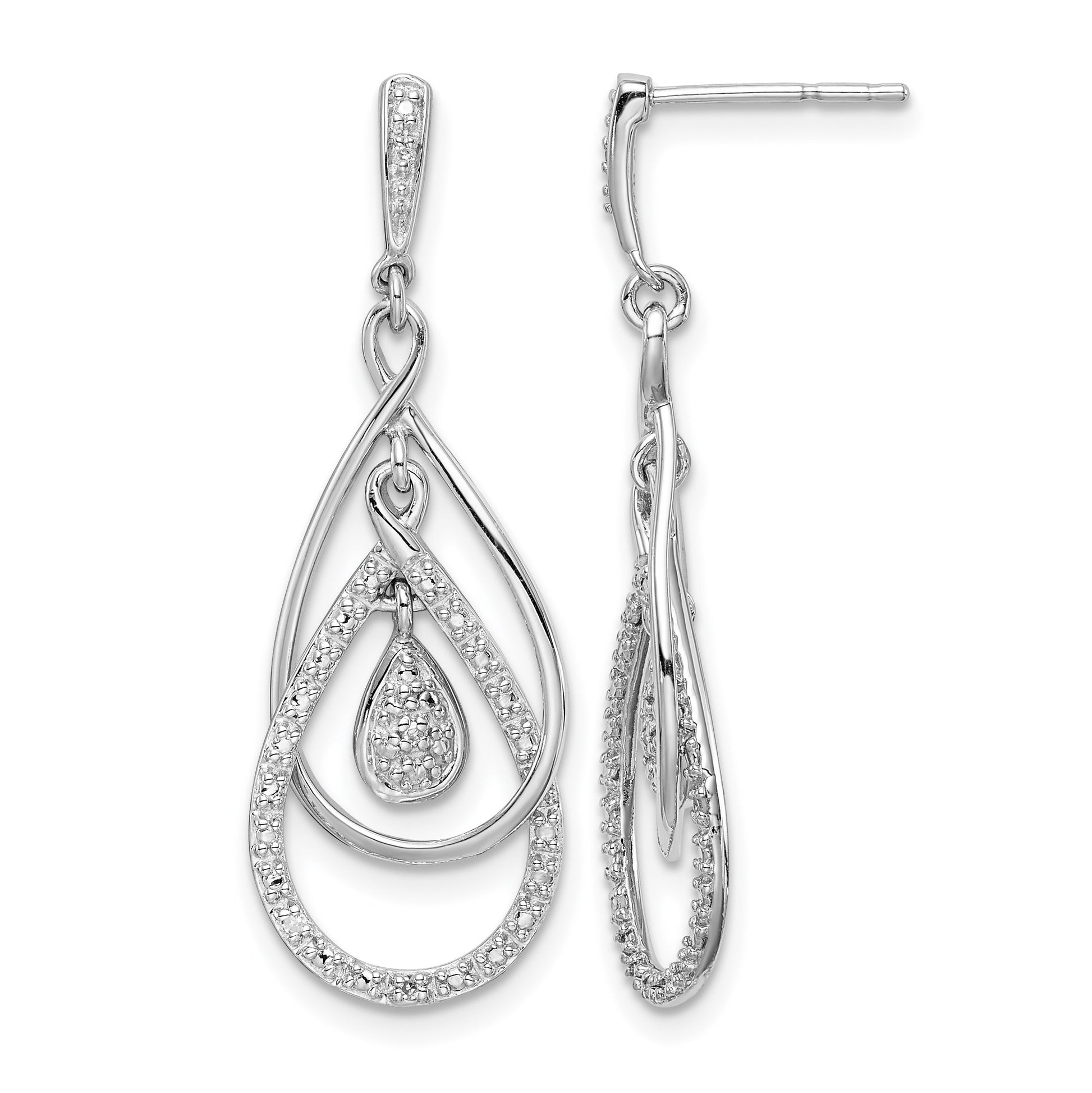 Sterling Silver Rhodium Plated Diamond Post Dangle Earrings