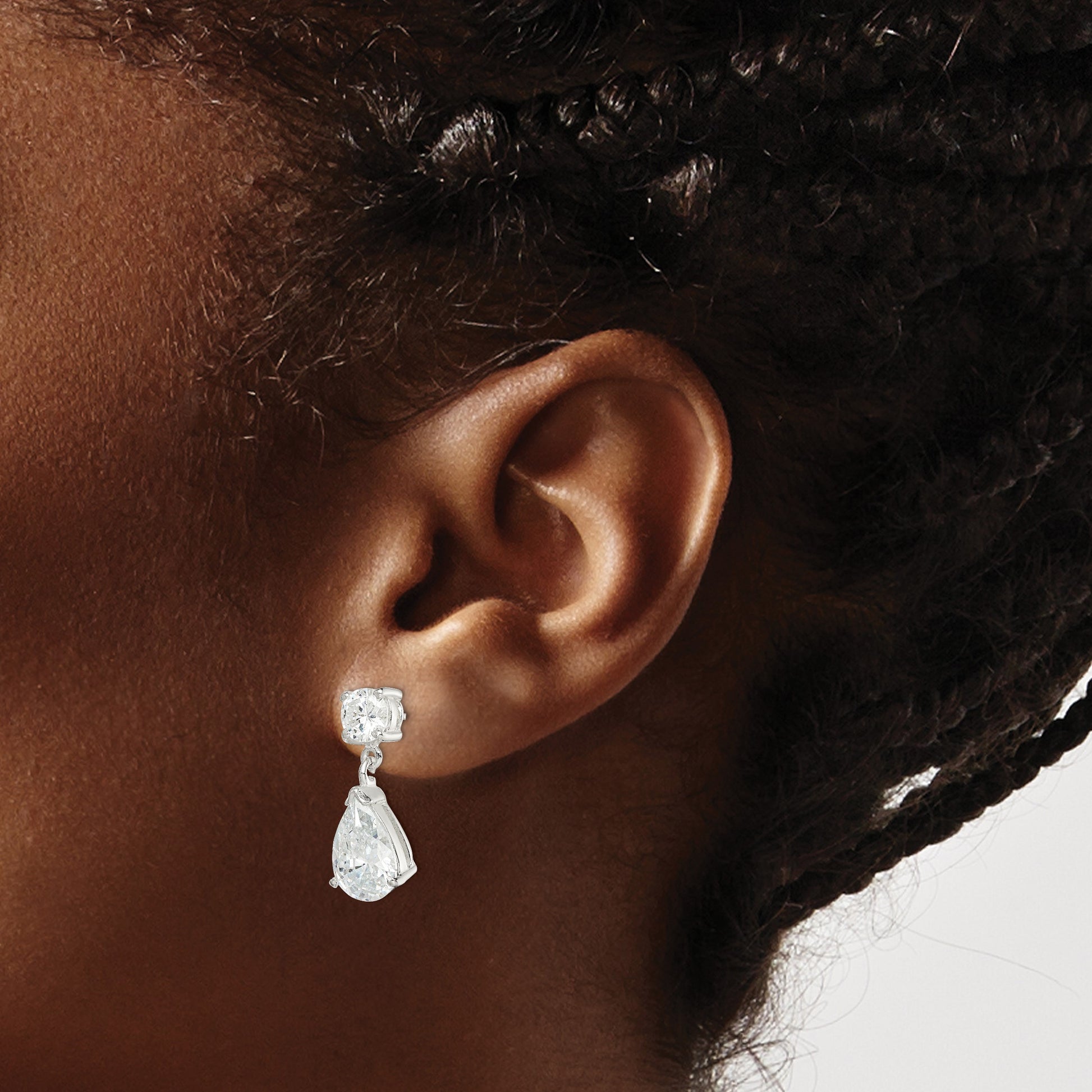 Sterling Silver Polished CZ Pear Shaped Post Dangle Earrings