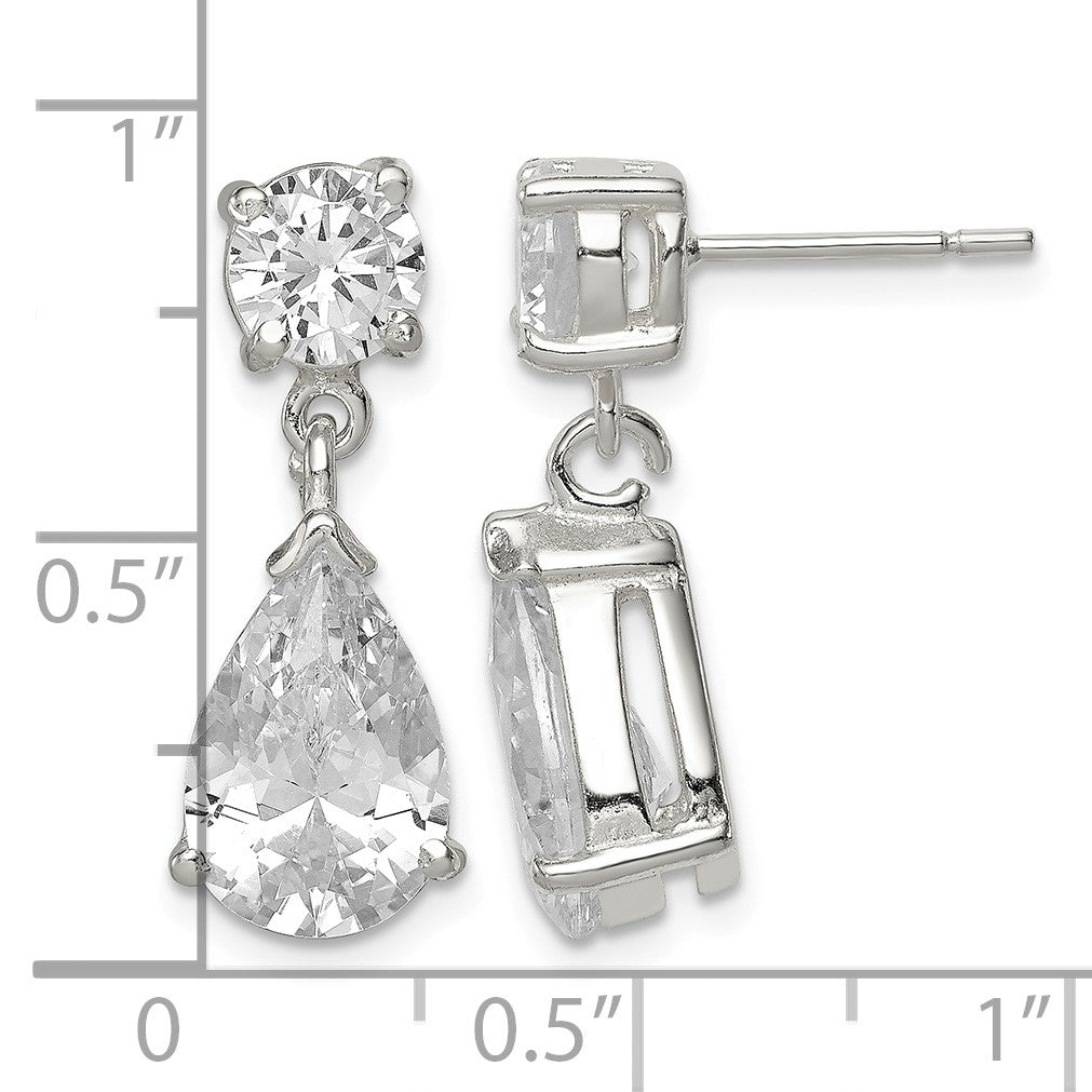 Sterling Silver Polished CZ Pear Shaped Post Dangle Earrings