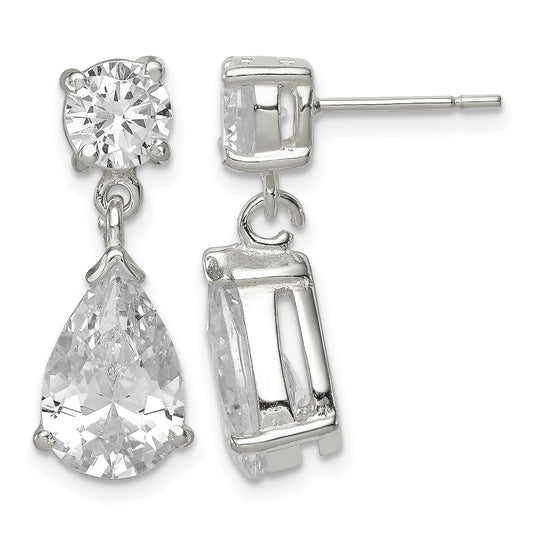 Sterling Silver Polished CZ Pear Shaped Post Dangle Earrings