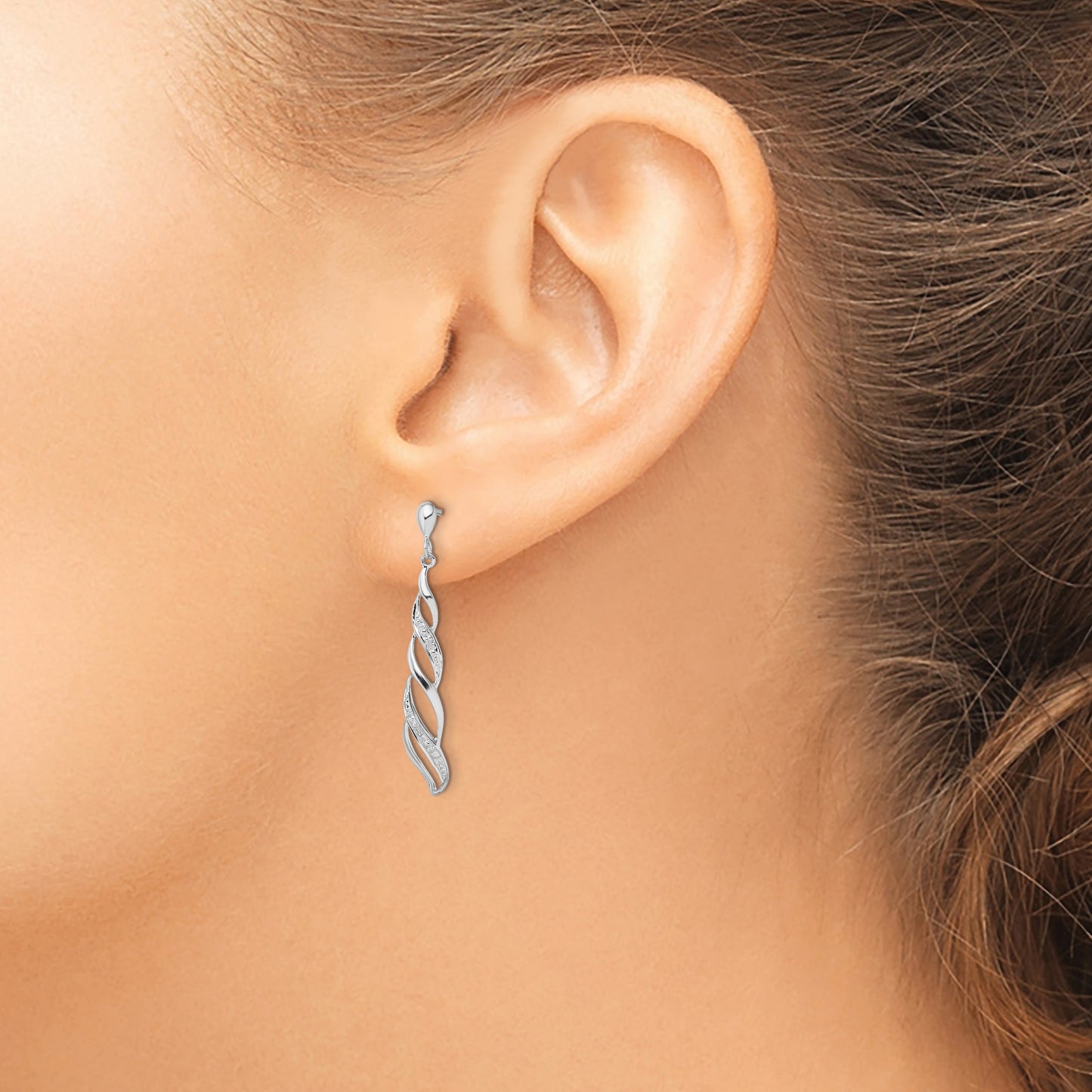 Sterling Silver Rhodium Plated Diamond Swirl Post Dangle Earrings