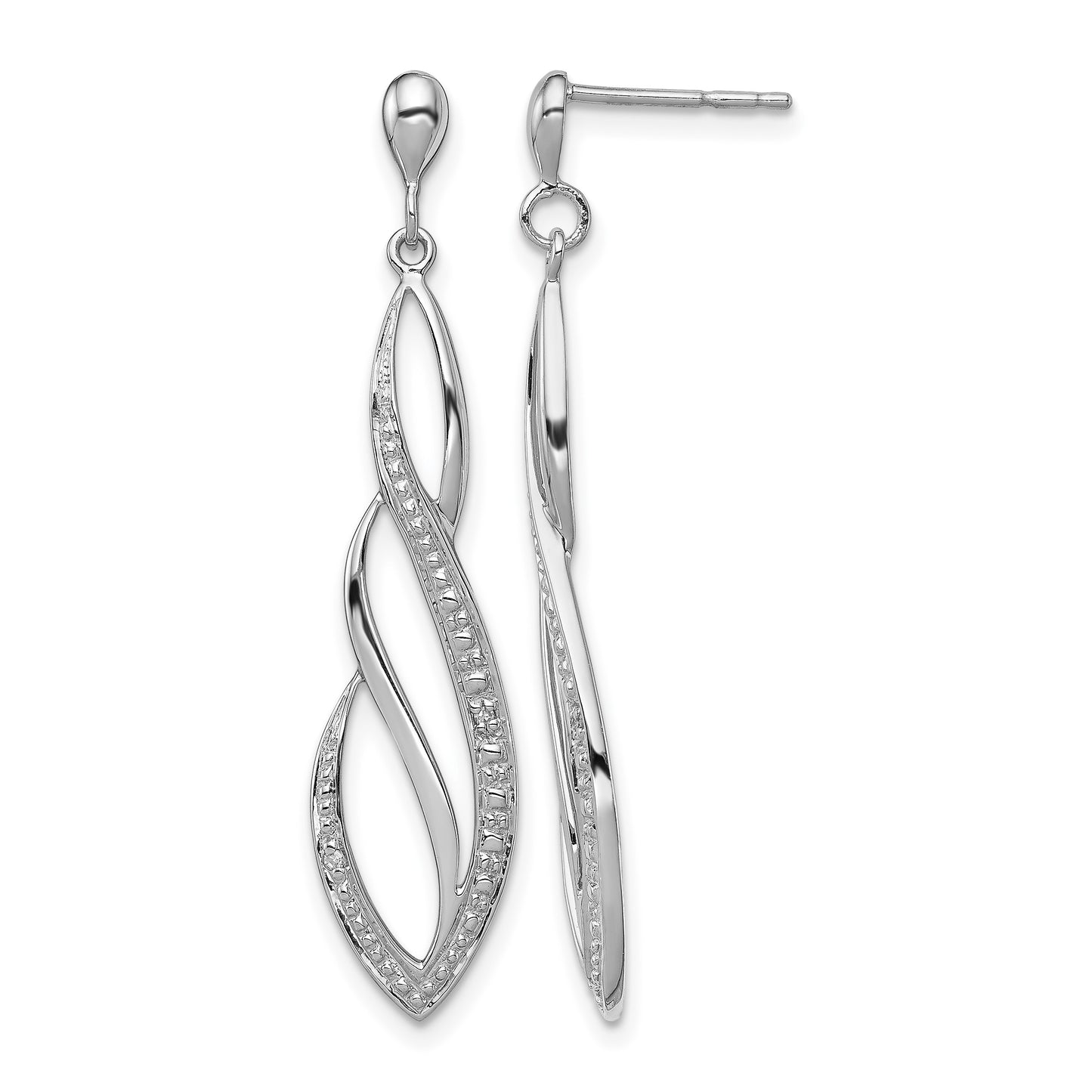 Sterling Silver Rhodium Plated Diamond Swirl Post Dangle Earrings