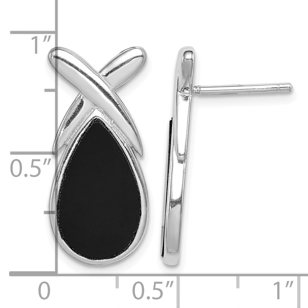 Sterling Silver Rhod-plated Polished Onyx Teardrop X Post Drop Earrings