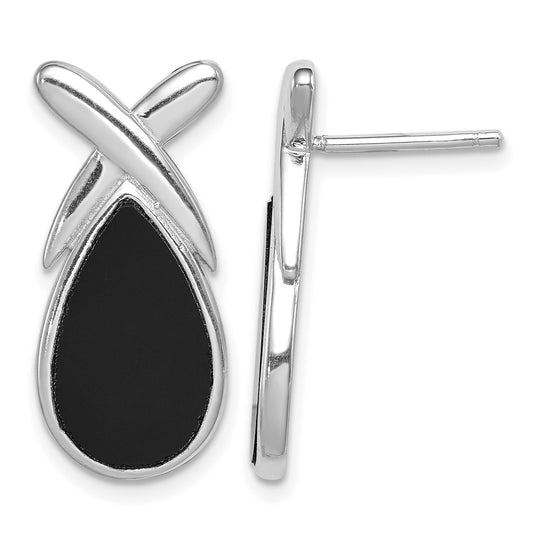 Sterling Silver Rhod-plated Polished Onyx Teardrop X Post Drop Earrings