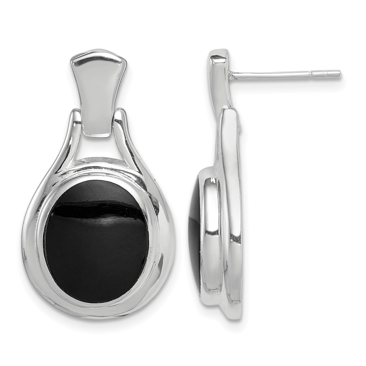 Sterling Silver Rhodium-plated Polished Oval Onyx Post Dangle Earrings