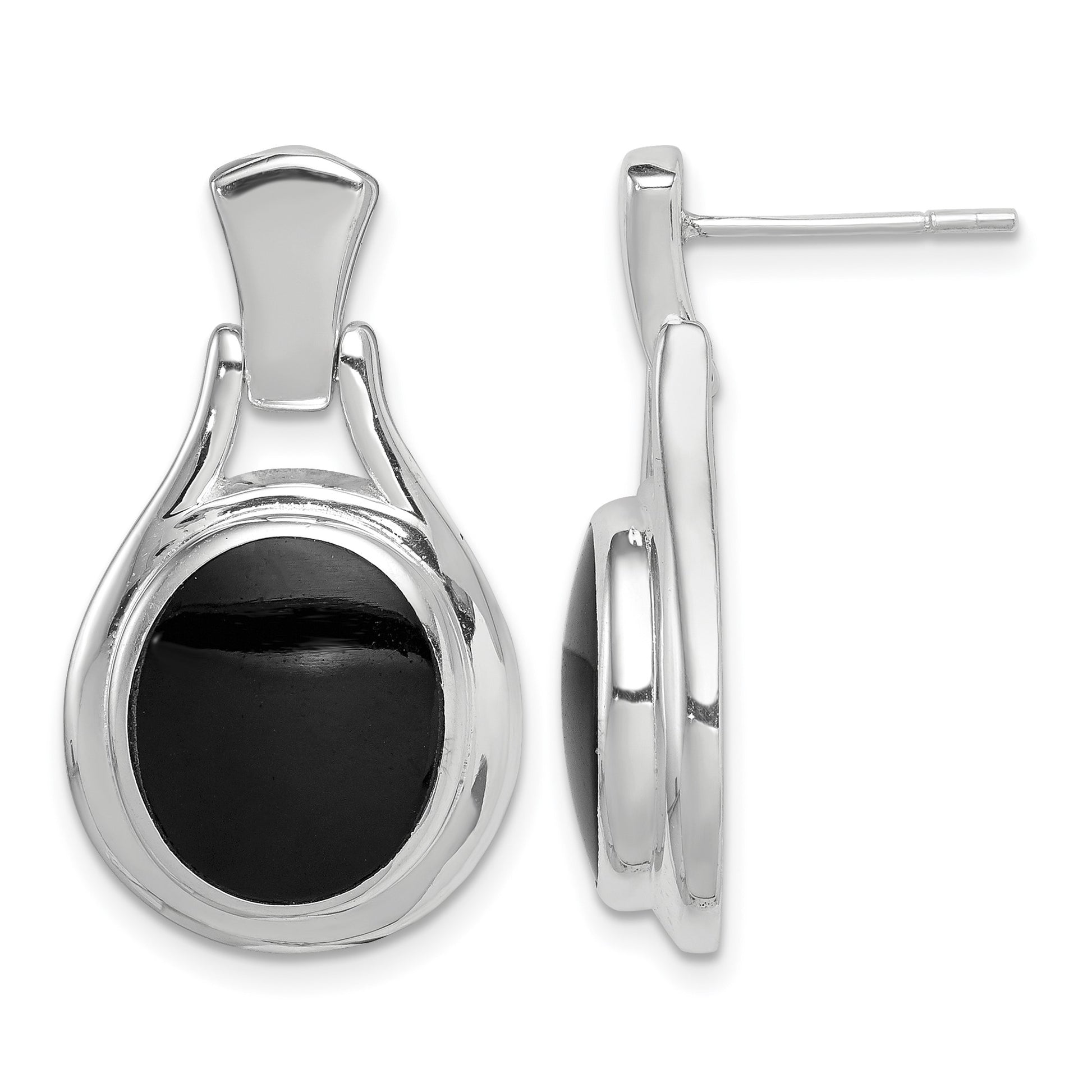 Sterling Silver Rhodium-plated Polished Oval Onyx Post Dangle Earrings