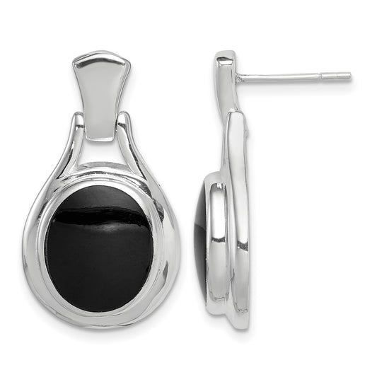Sterling Silver Rhodium-plated Polished Oval Onyx Post Dangle Earrings
