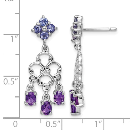 Sterling Silver RH Plated Amethyst Iolite and Diamond Dangle Earrings