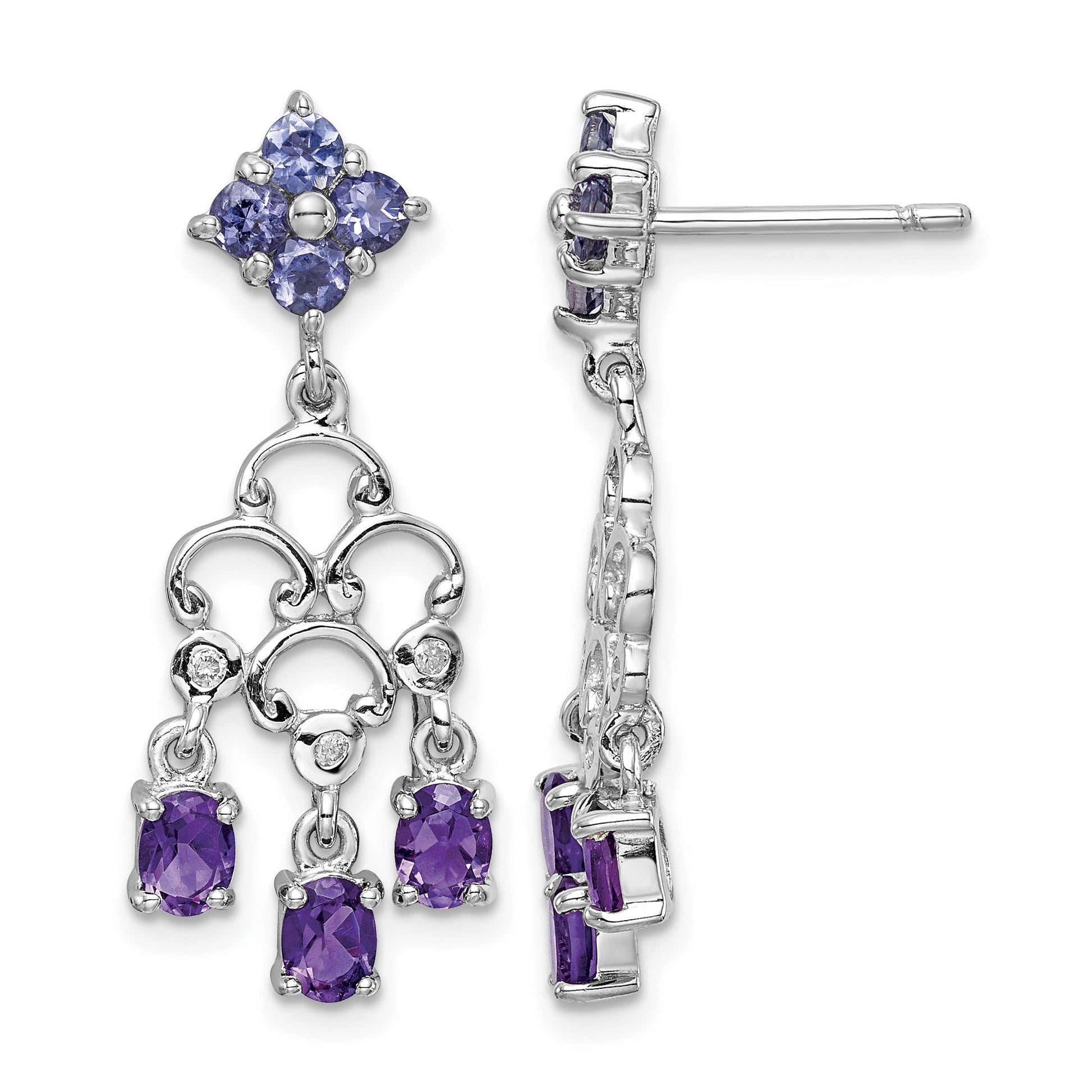 Sterling Silver RH Plated Amethyst Iolite and Diamond Dangle Earrings