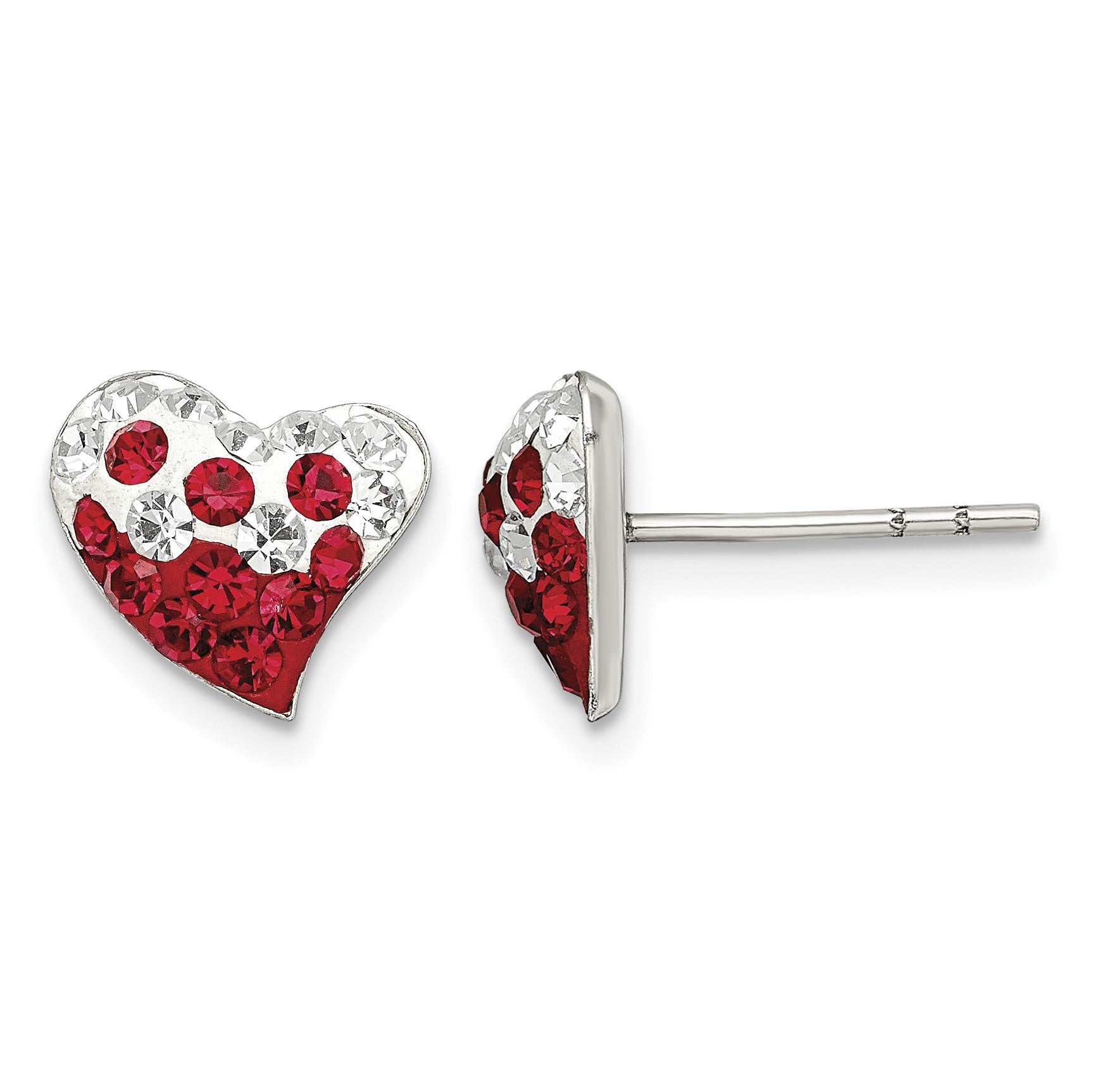 Sterling Silver Rhod-plated Red and White Preciosa Crystal Heart Earrings