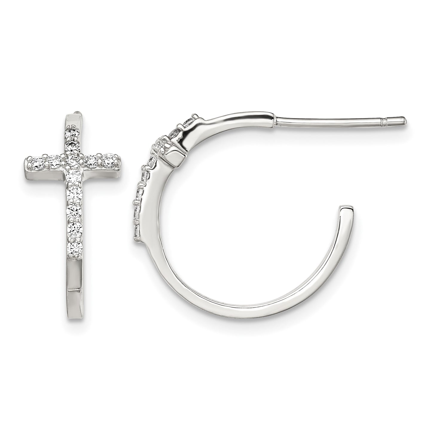 Sterling Silver Rhodium-plated CZ Cross Hoop Earrings