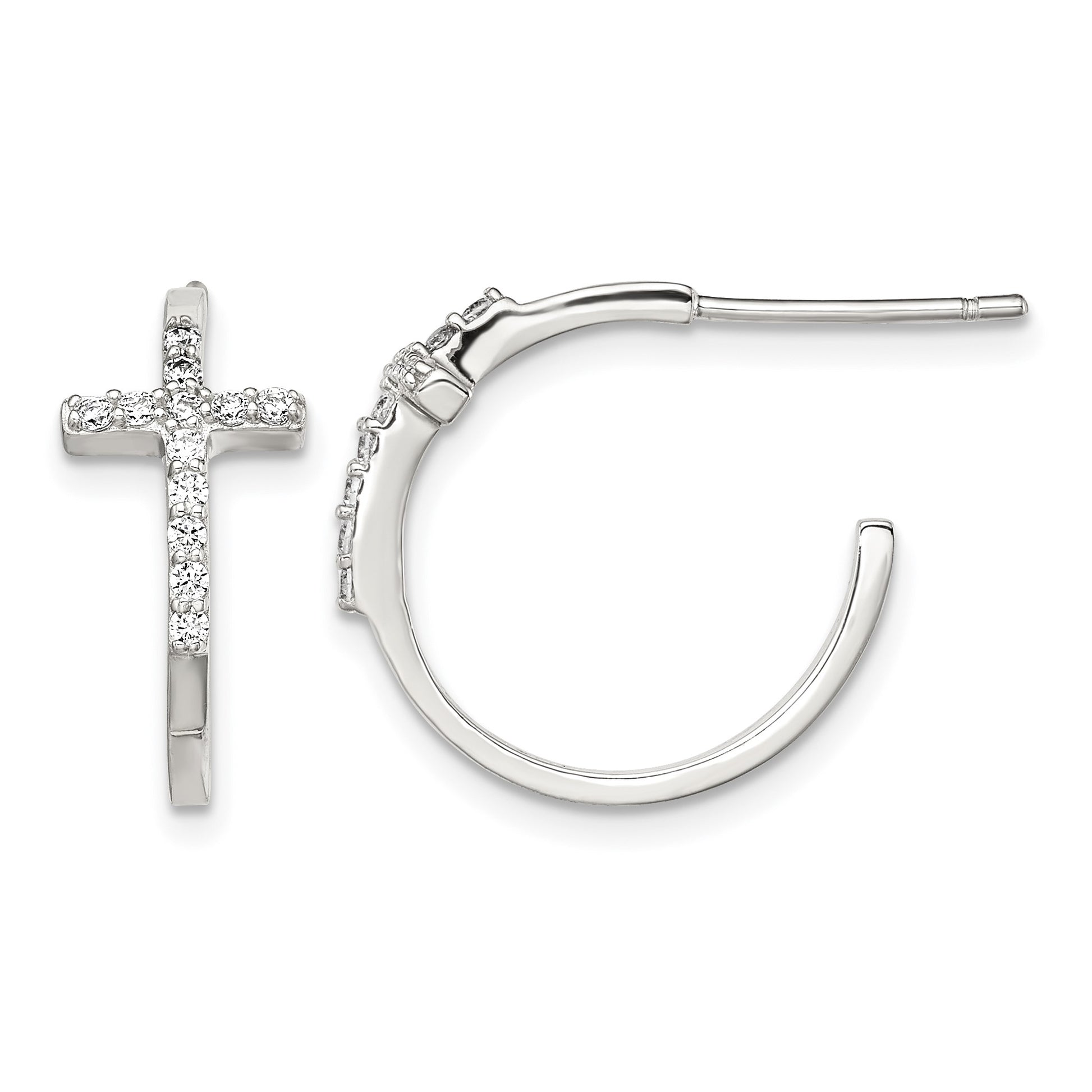 Sterling Silver Rhodium-plated CZ Cross Hoop Earrings