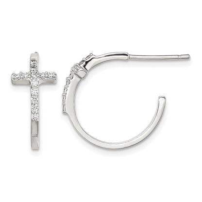 Sterling Silver Rhodium-plated CZ Cross Hoop Earrings