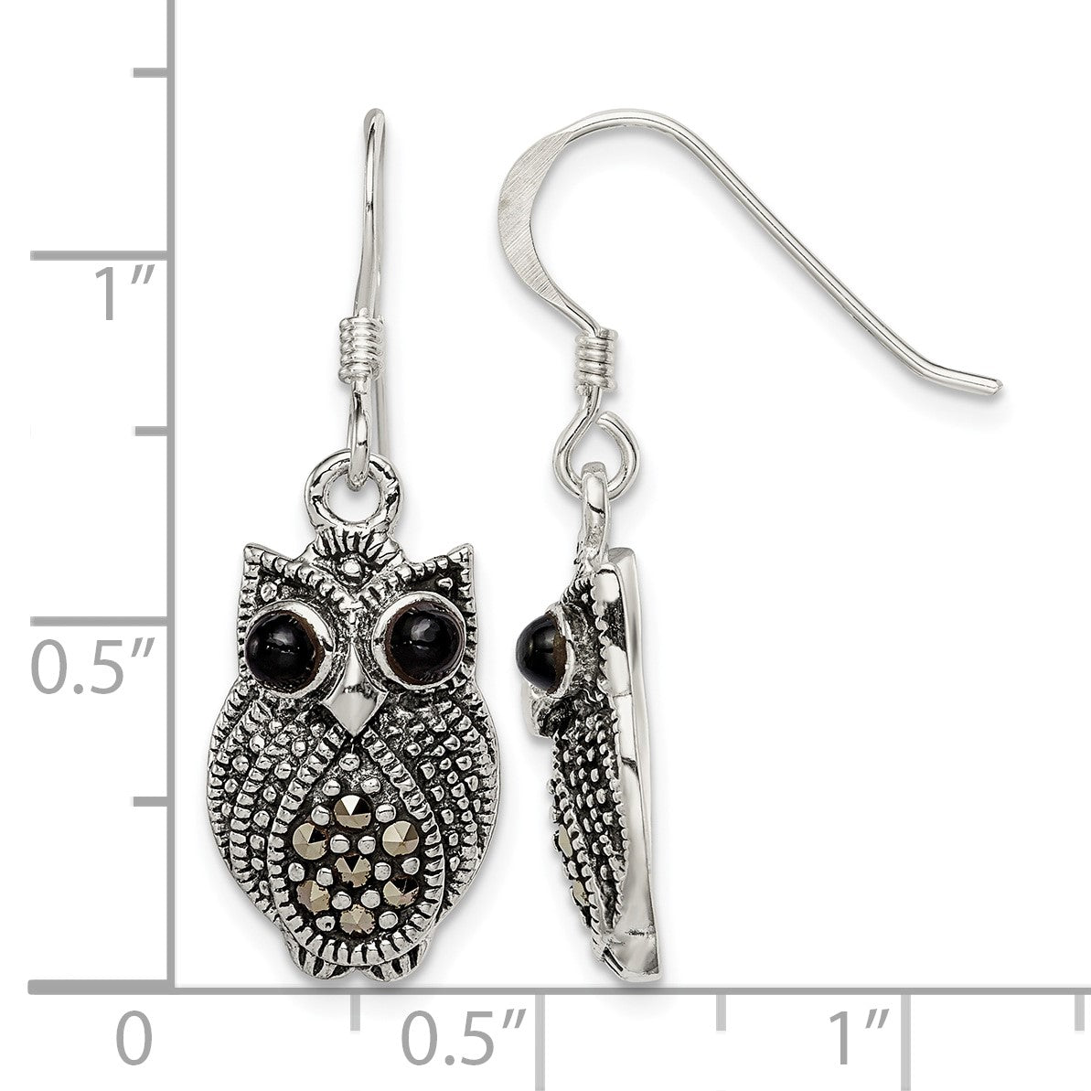 Sterling Silver Antiqued Marcasite/Blk Agate Owl Shepherd Hook Earrings