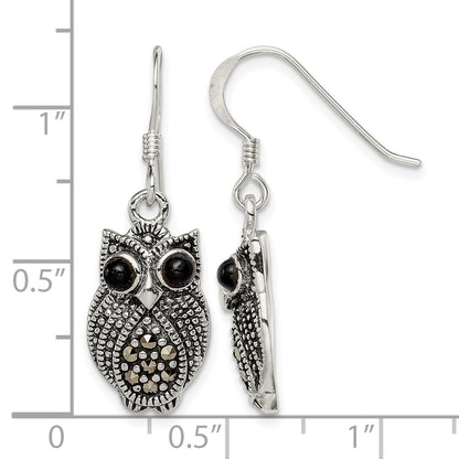 Sterling Silver Antiqued Marcasite/Blk Agate Owl Shepherd Hook Earrings