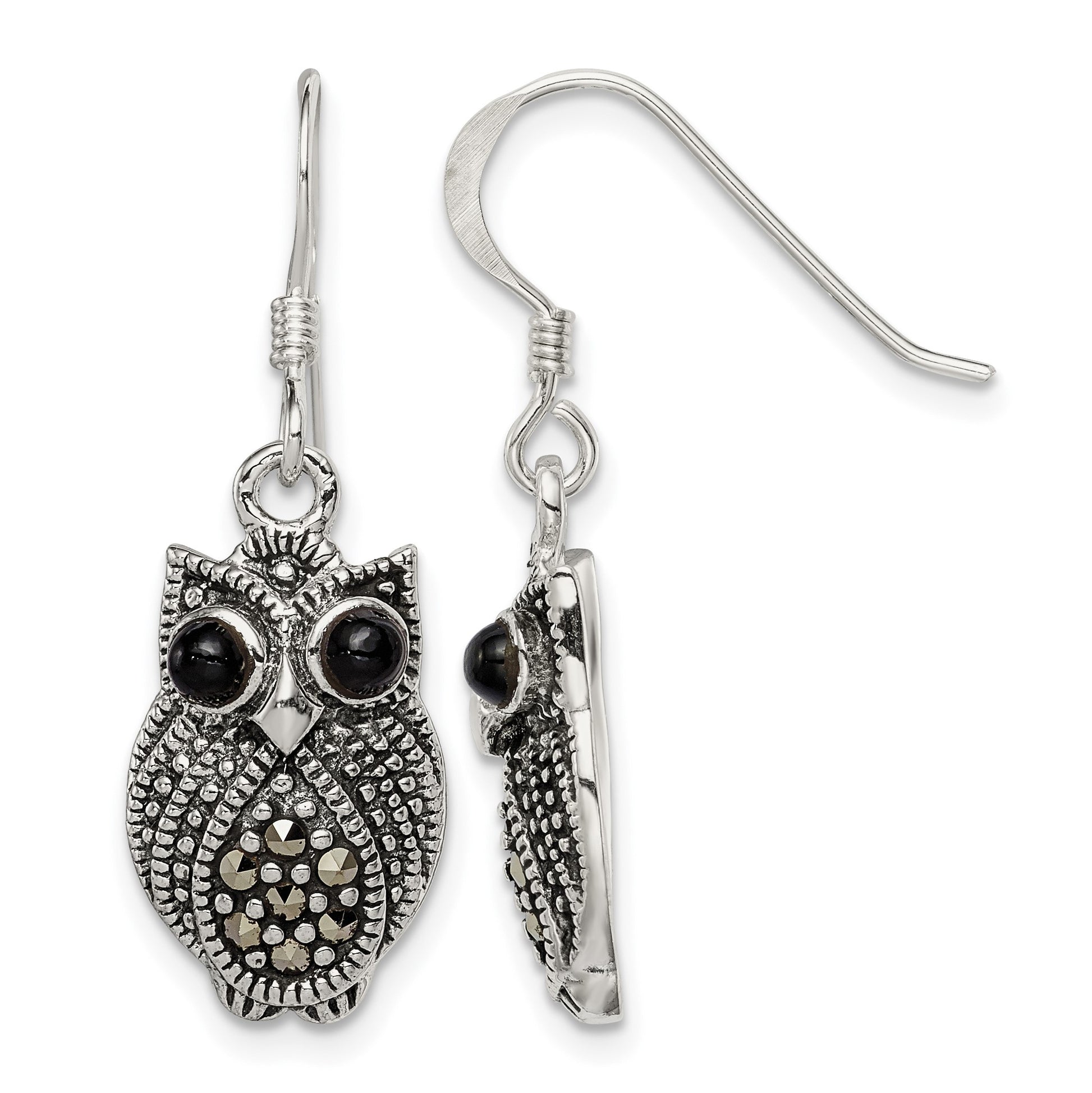 Sterling Silver Antiqued Marcasite/Blk Agate Owl Shepherd Hook Earrings