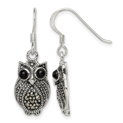 Sterling Silver Antiqued Marcasite/Blk Agate Owl Shepherd Hook Earrings