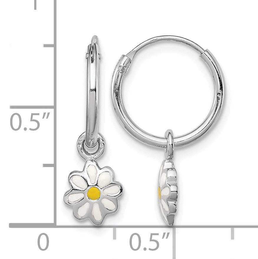 Sterling Silver Rhodium-plated Polished Yellow & White Enamel Daisy Dangle Children's Round Hoop Earrings