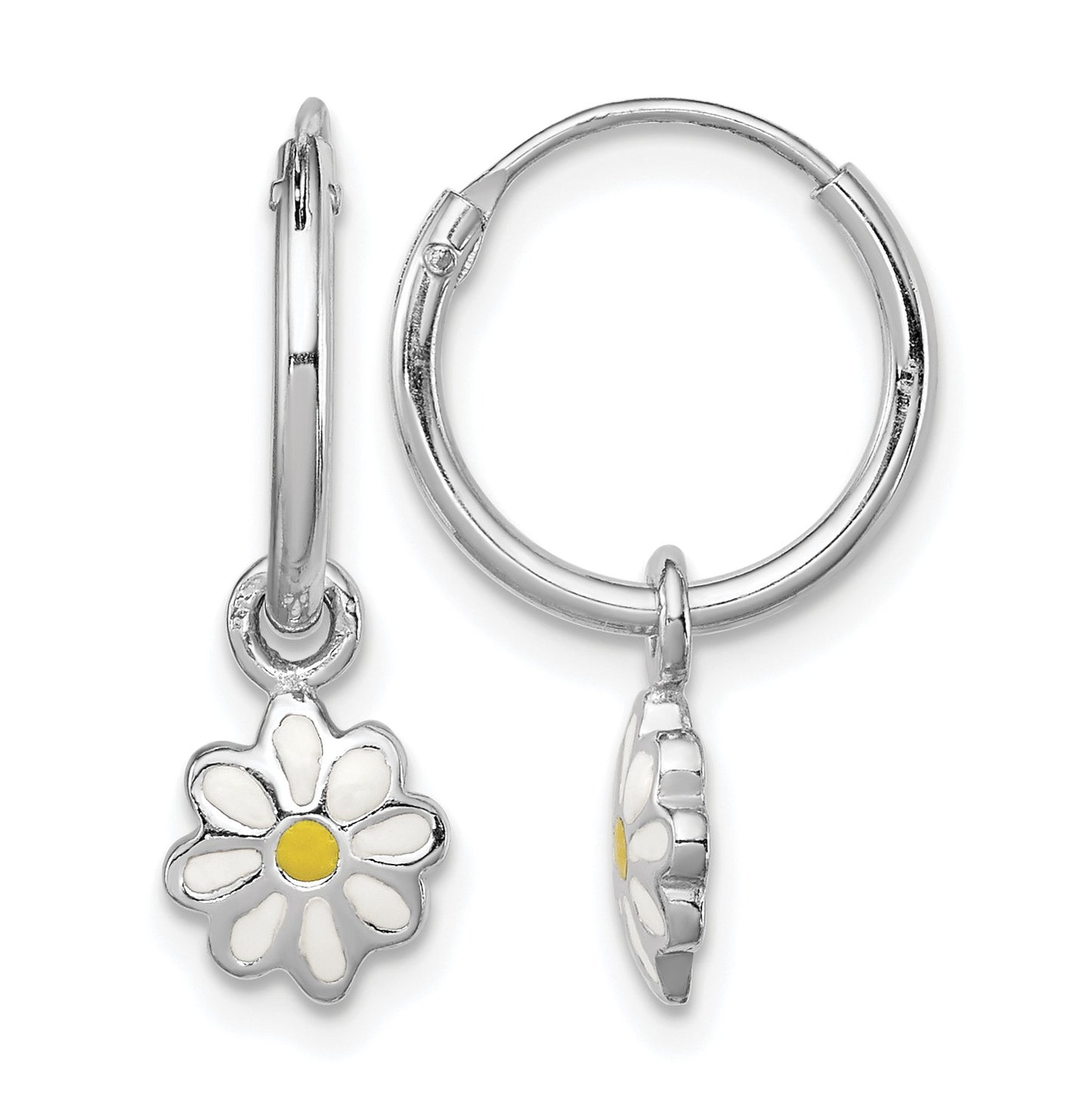 Sterling Silver Rhodium-plated Polished Yellow & White Enamel Daisy Dangle Children's Round Hoop Earrings