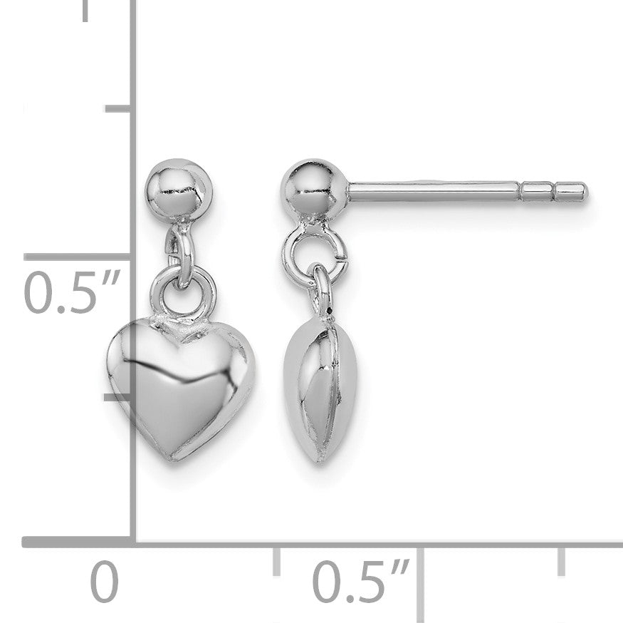 Sterling Silver RH-plated Polished Heart Children's Post Dangle Earrings