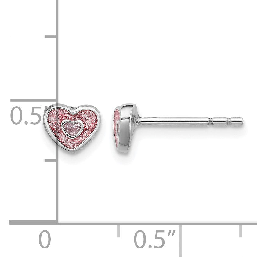 Sterling Silver Rhodium-plated Polished Pink Glitter Enamel Heart Children's Post Earrings