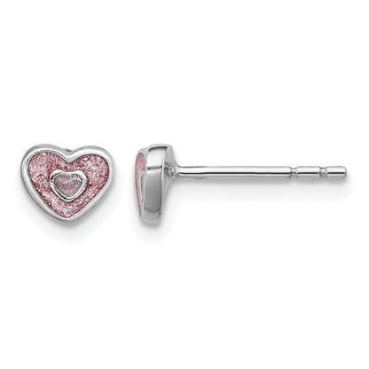 Sterling Silver Rhodium-plated Polished Pink Glitter Enamel Heart Children's Post Earrings