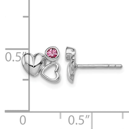 Sterling Silver Rhodium-plated Polished Pink Preciosa Crystal Double Heart Children's Post Earrings