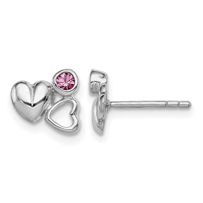 Sterling Silver Rhodium-plated Polished Pink Preciosa Crystal Double Heart Children's Post Earrings