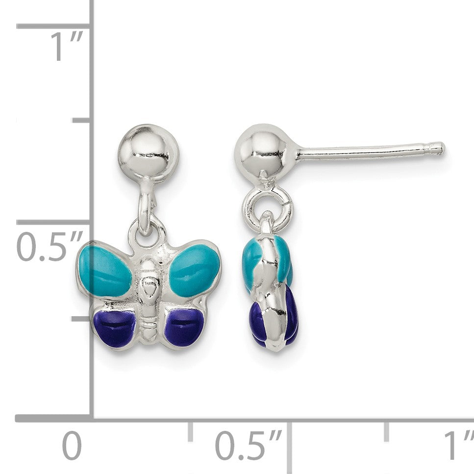 Sterling Silver Polished Blue & Purple Enameled Butterfly Children's Post Dangle Earrings