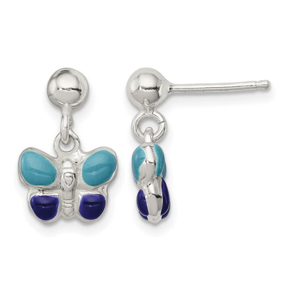 Sterling Silver Polished Blue & Purple Enameled Butterfly Children's Post Dangle Earrings
