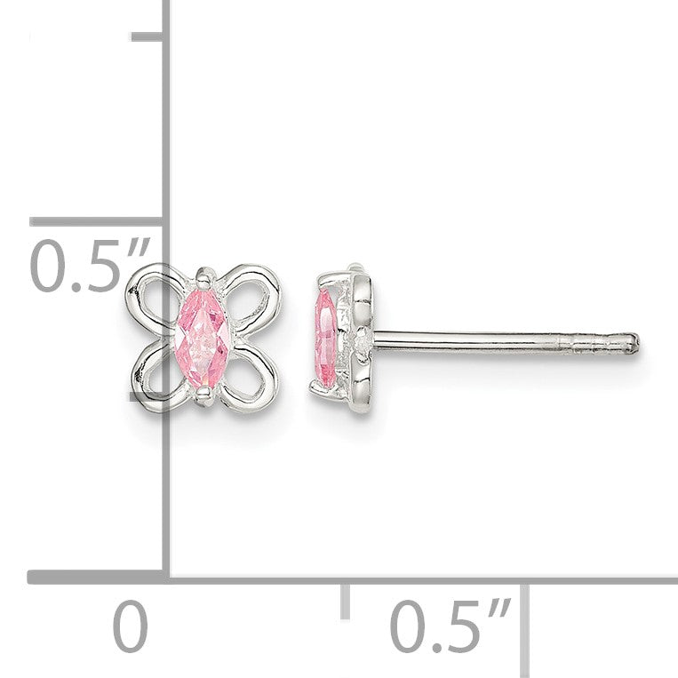 Sterling Silver Polished Pink CZ Butterfly Children's Post Earrings