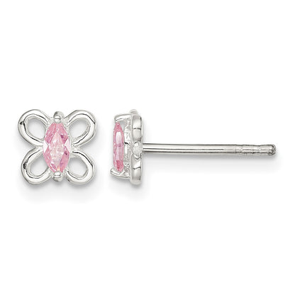 Sterling Silver Polished Pink CZ Butterfly Children's Post Earrings