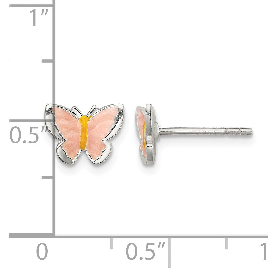 Sterling Silver Polished Pink & Orange Enameled Butterfly Children's Post Earrings