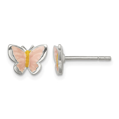 Sterling Silver Polished Pink & Orange Enameled Butterfly Children's Post Earrings