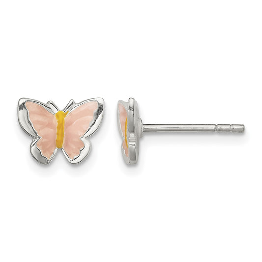 Sterling Silver Polished Pink & Orange Enameled Butterfly Children's Post Earrings