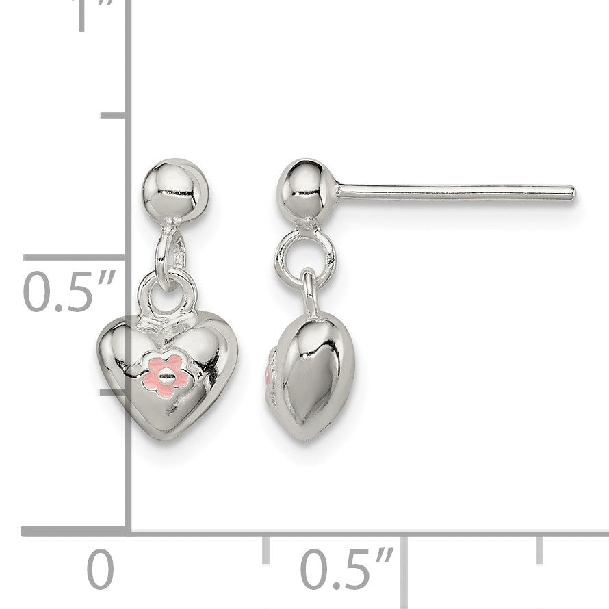 Sterling Silver Polished Pink Enamel Flower Heart Children's Post Dangle Earrings