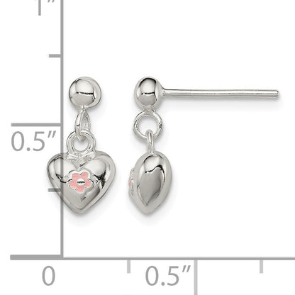 Sterling Silver Polished Pink Enamel Flower Heart Children's Post Dangle Earrings