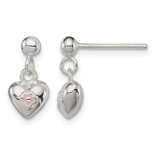 Sterling Silver Polished Pink Enamel Flower Heart Children's Post Dangle Earrings