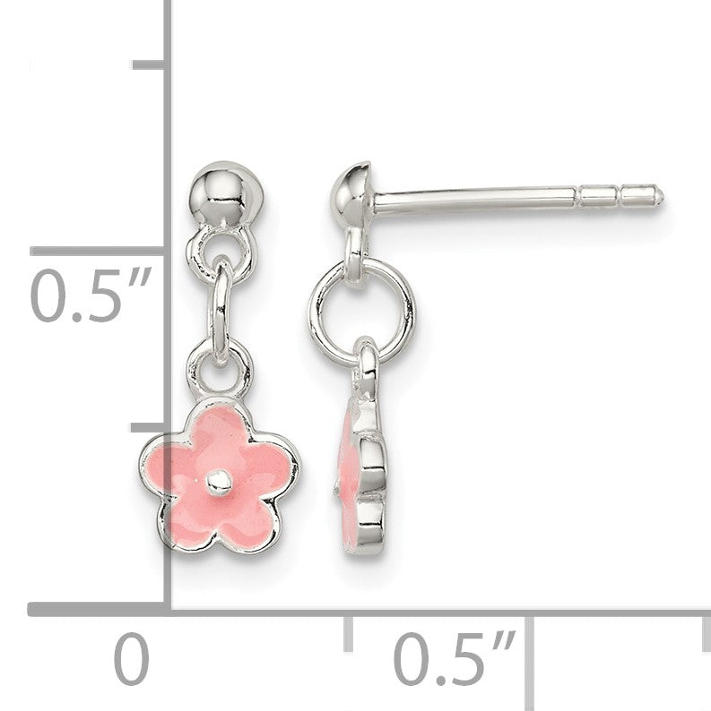 Sterling Silver Polished Pink Enameled Flower Children's Post Dangle Earrings