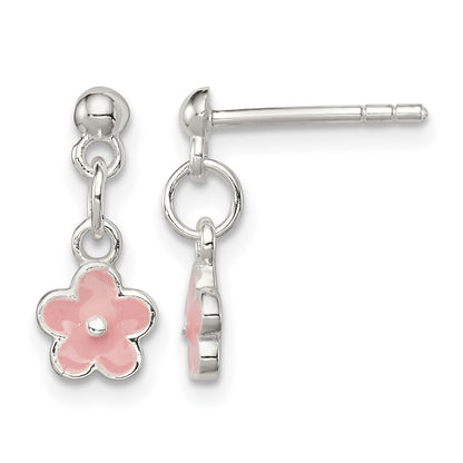 Sterling Silver Polished Pink Enameled Flower Children's Post Dangle Earrings
