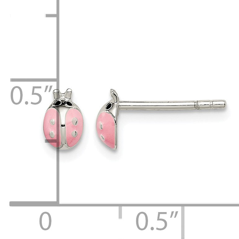 Sterling Silver Polished Pink Enamel Ladybug Children's Post Earrings