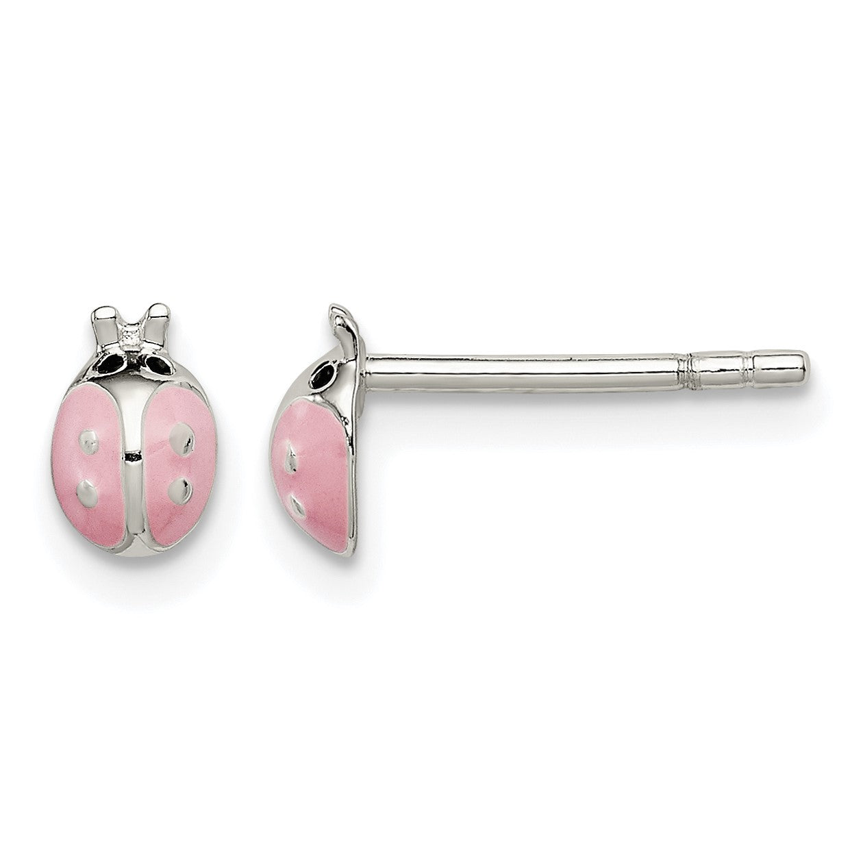 Sterling Silver Polished Pink Enamel Ladybug Children's Post Earrings