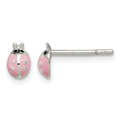 Sterling Silver Polished Pink Enamel Ladybug Children's Post Earrings