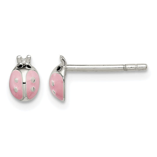 Sterling Silver Polished Pink Enamel Ladybug Children's Post Earrings