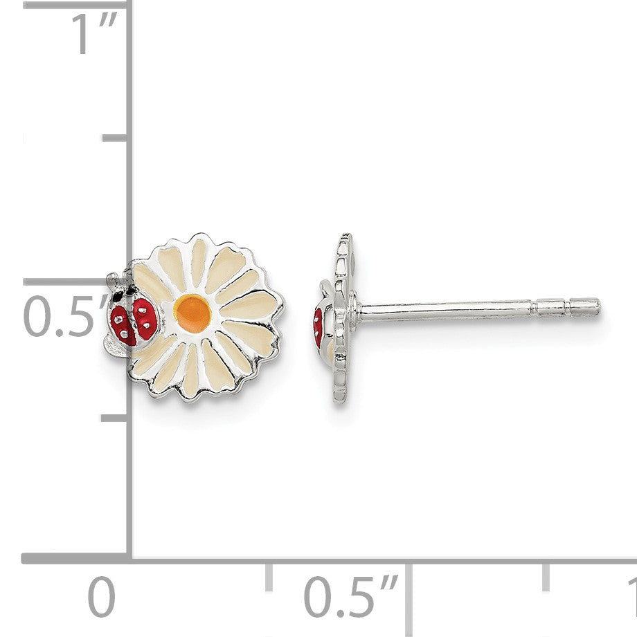 Sterling Silver Polished & Multi-color Enameled Flower & Ladybug Children's Post Earrings