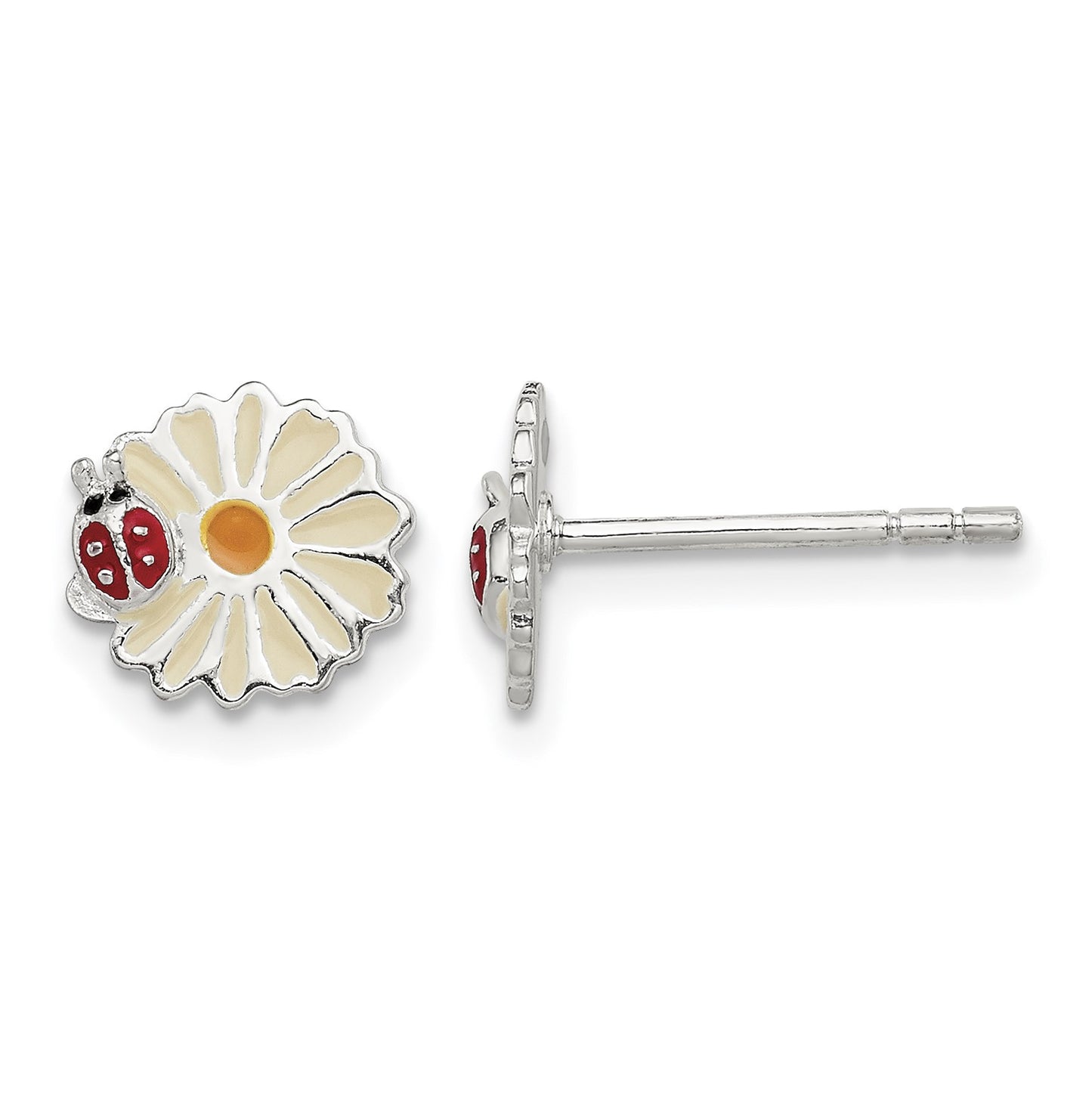 Sterling Silver Polished & Multi-color Enameled Flower & Ladybug Children's Post Earrings