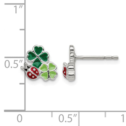 Sterling Silver Enamel Ladybug & Clovers Children's Post Earrings
