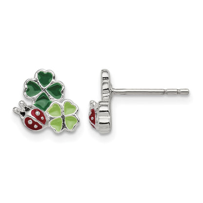 Sterling Silver Enamel Ladybug & Clovers Children's Post Earrings